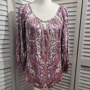 White House Black Market Purple and White Paisley Blouse With Slits On Sleeves